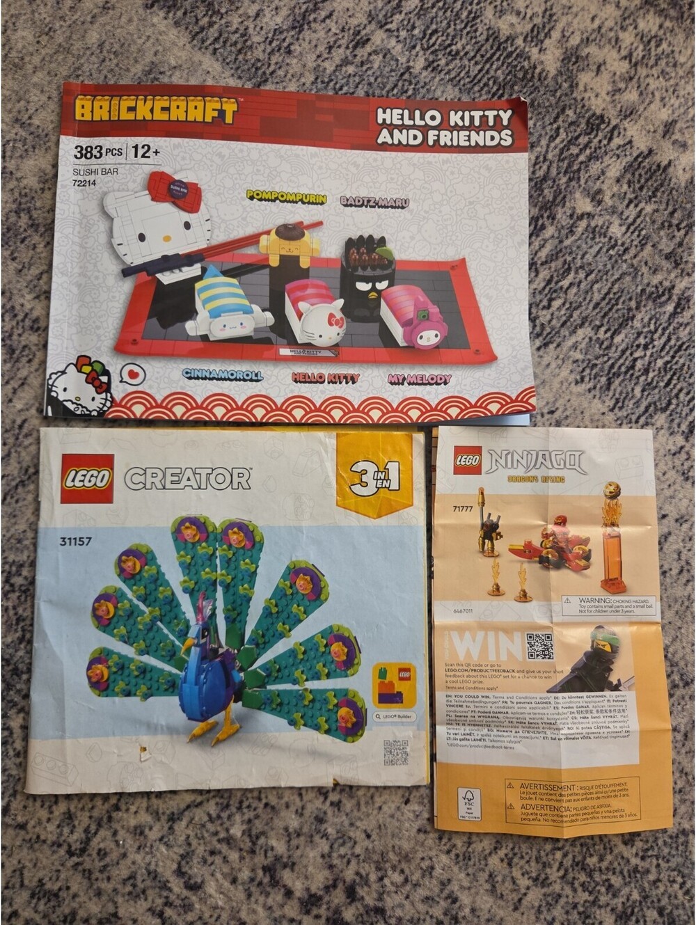 3 Pack Of Lego Manuals Peacock 31157 Ninjago 71777 Hello Kitty 72214